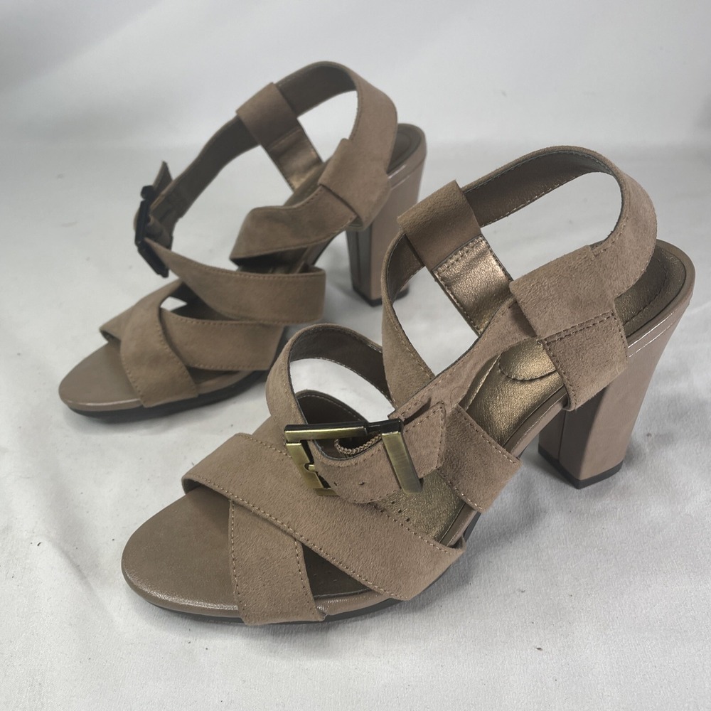 LifeStride Womens Size 7M Soft System Flex Khaki Chunky Heel Sandals Open Toe